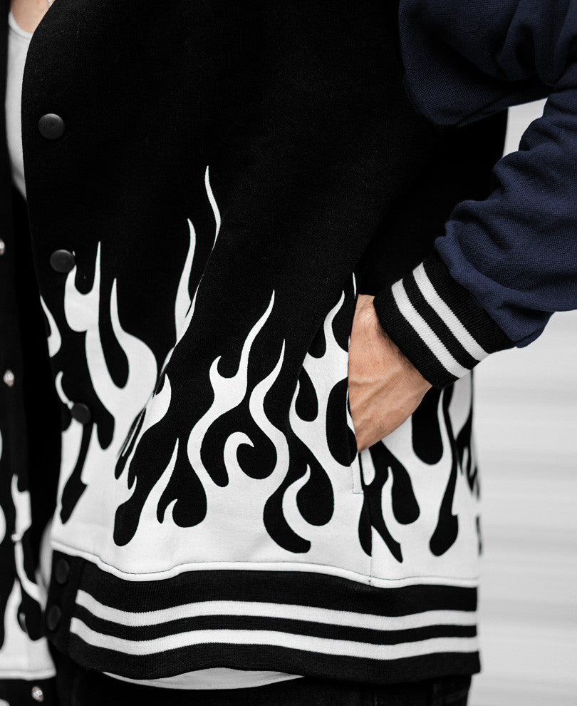 Black Flames Varsity Oversize Drop Shoulder Jacket