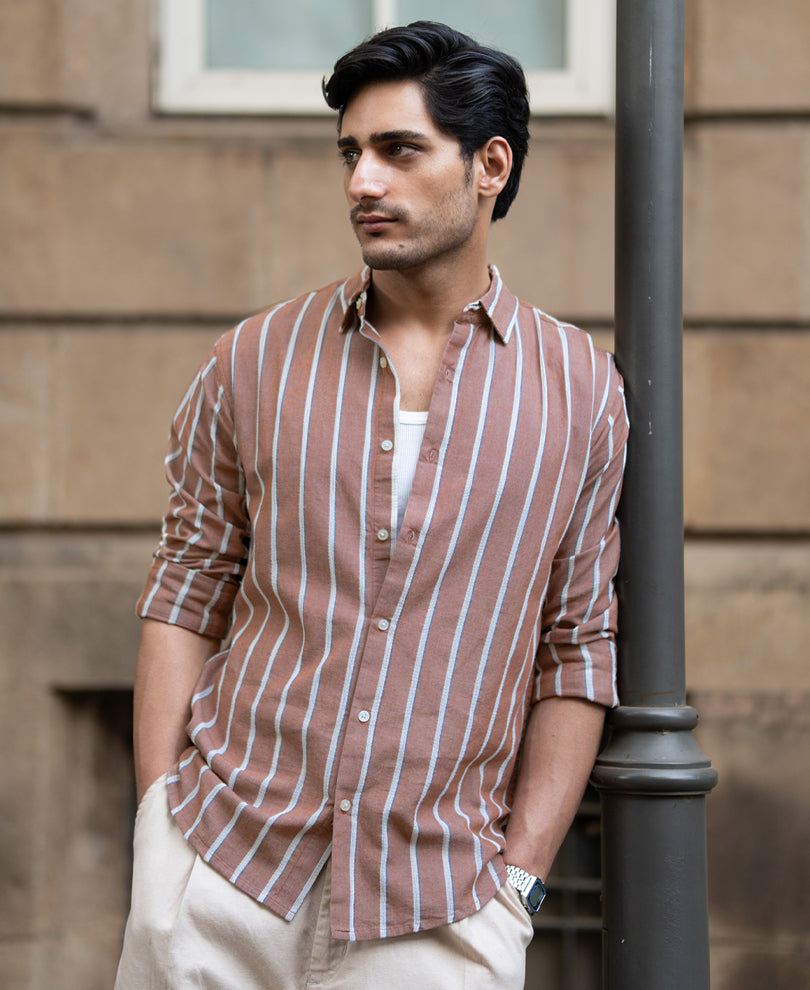 Brown Structured Striped Shirt.