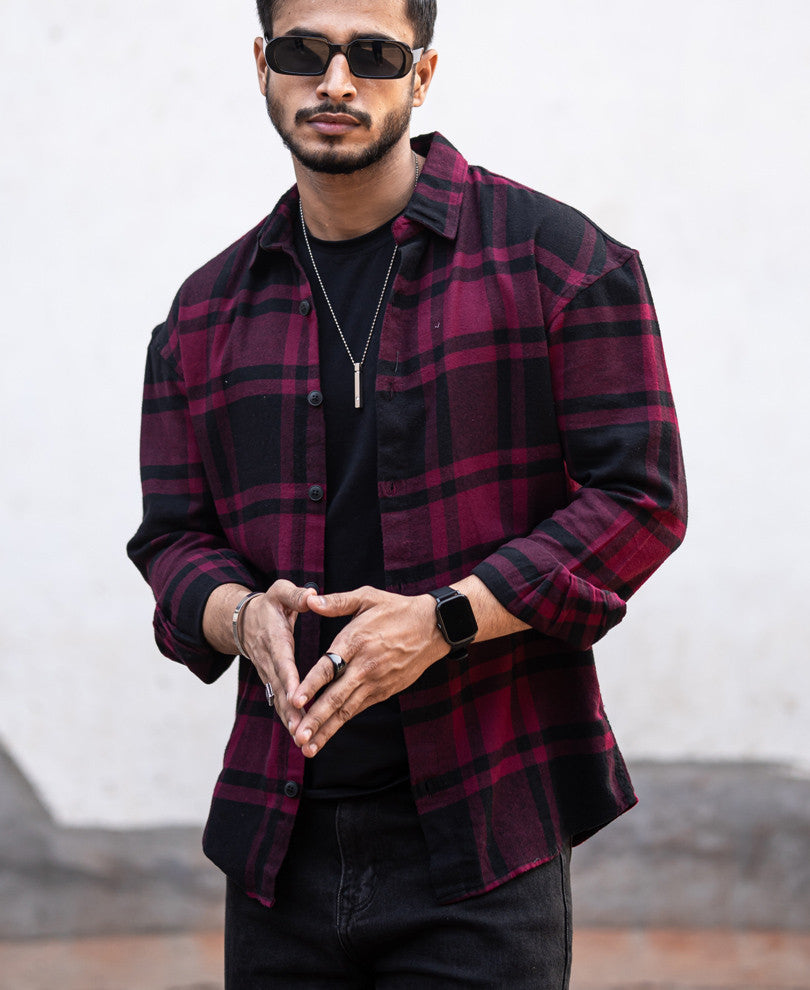 Maroon Plaid Checks Oversize Drop Shoulder Shirt