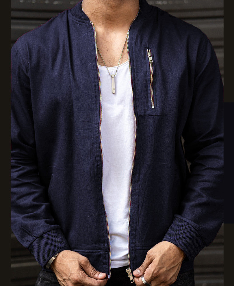 Navy Blue Chest Pocket Bomber Jacket