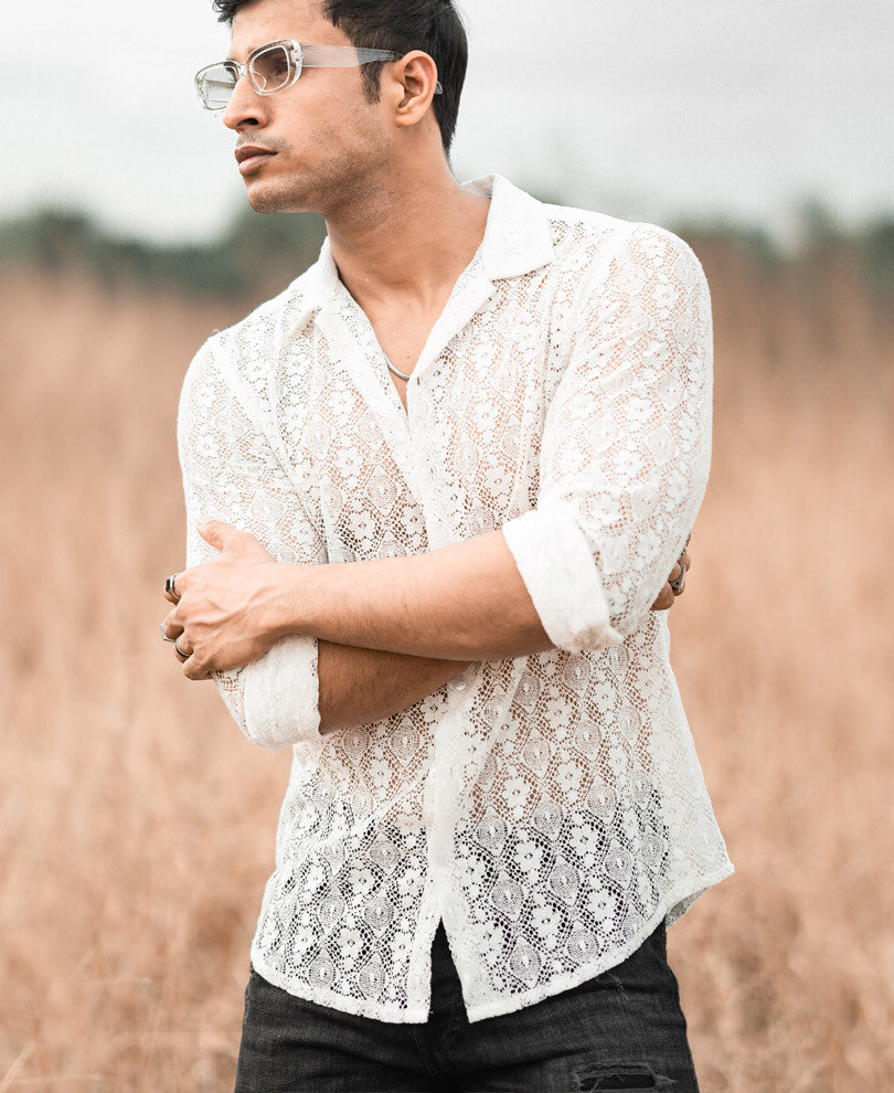 White Sheer Pattern Full Sleeves Shirt
