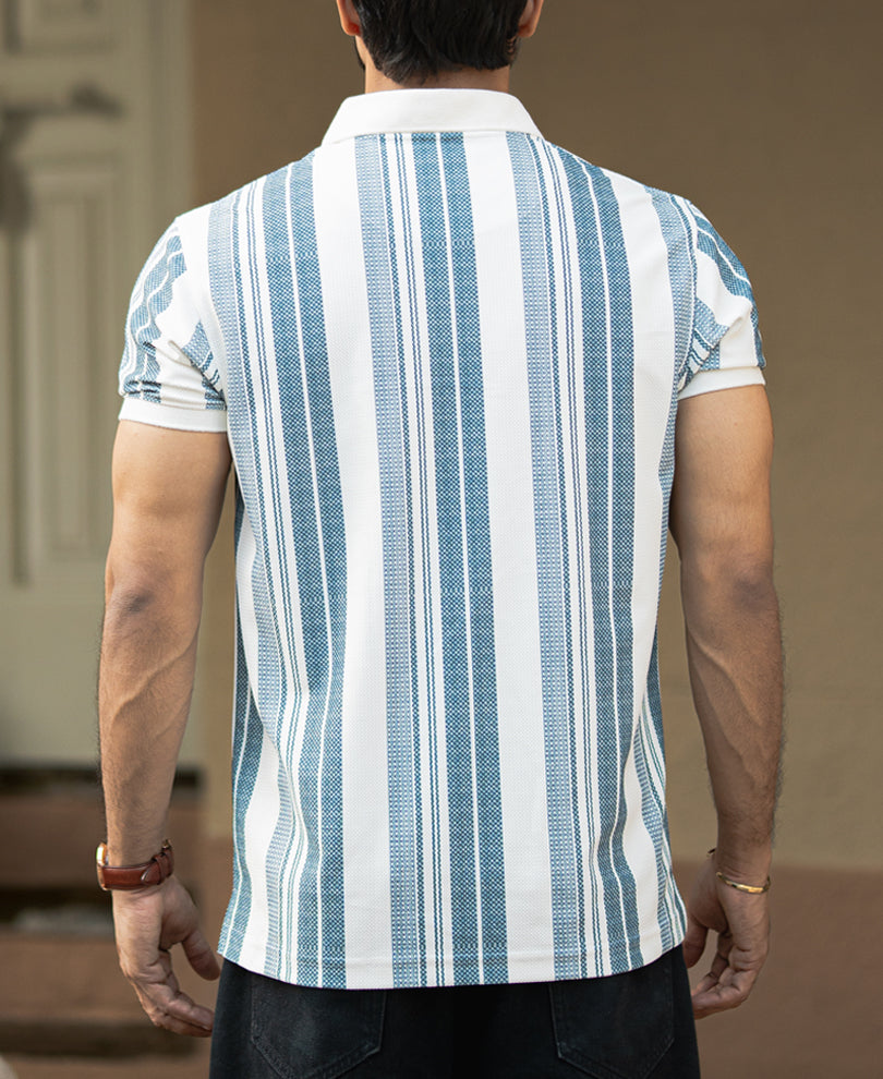 Off-White And Blue Striped Regular Fit Full Sleeves T-Shirt
