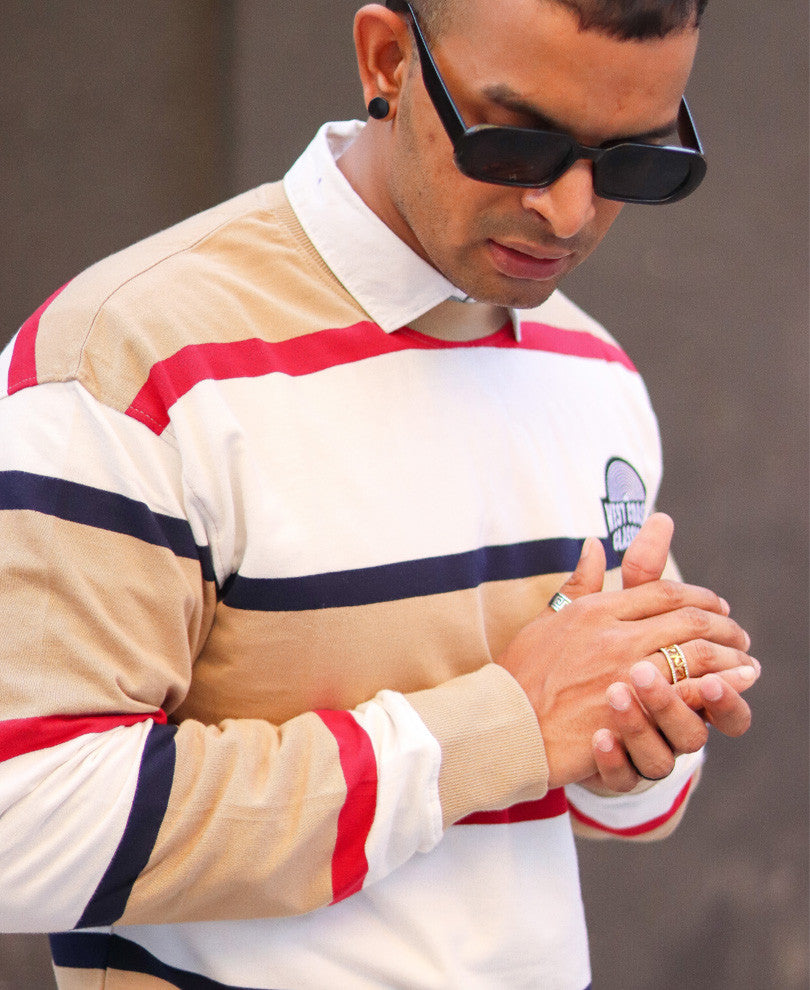 Beige Stripes Oversize Drop Shoulder T Shirt