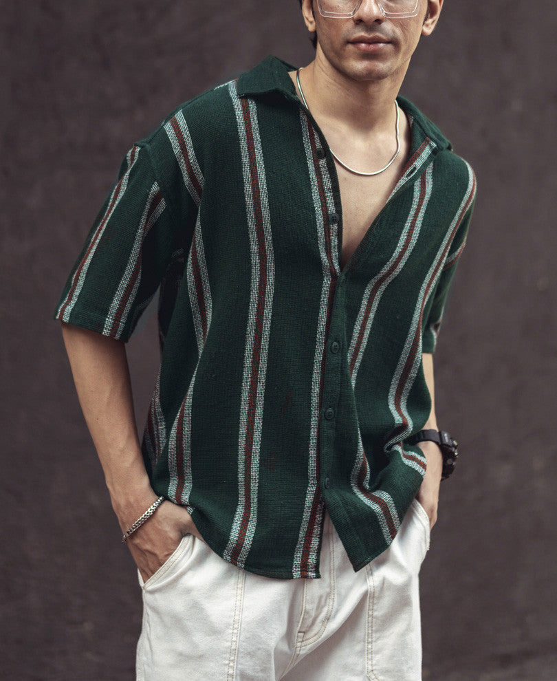 Olive Green Vertical Stripes Oversize Drop Shoulder Shirt