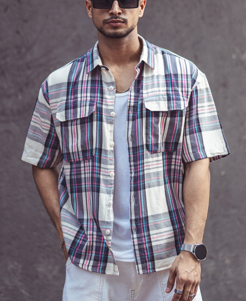 Multi Color Pocket Checks Oversize Drop Shoulder Shirt