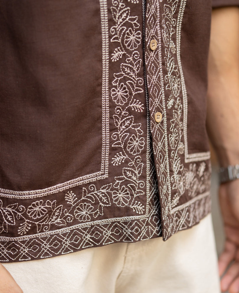 Dark Brown Linen Blend Embroidery Shirt