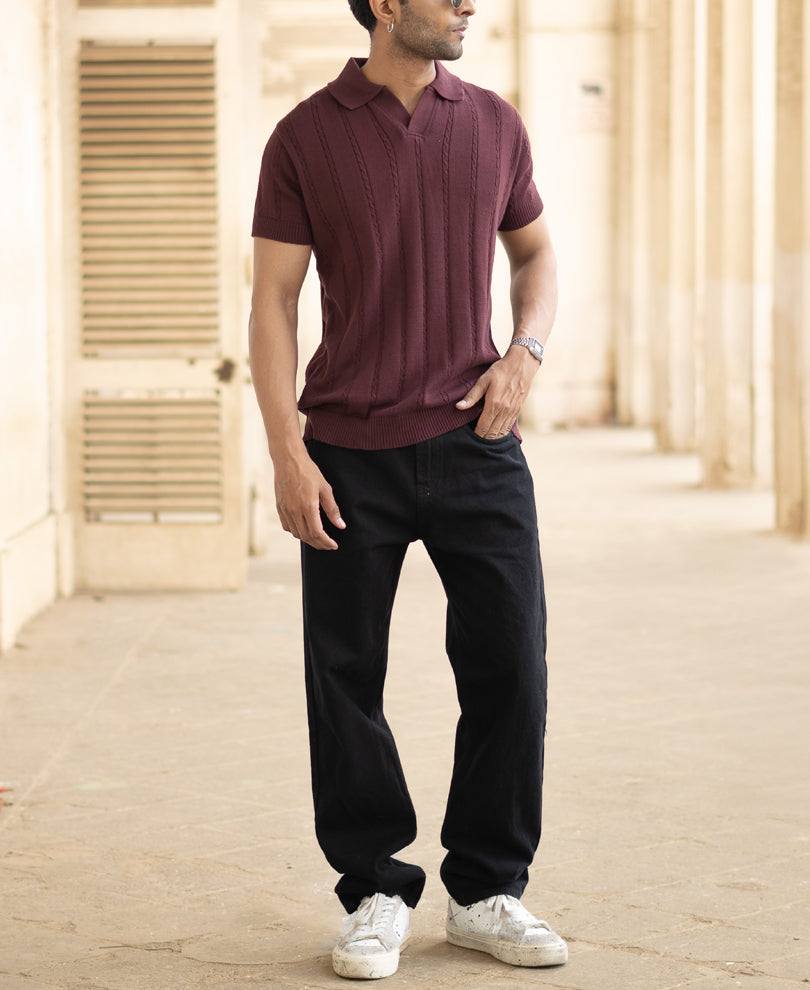 Wine Knitted Polo T-Shirt