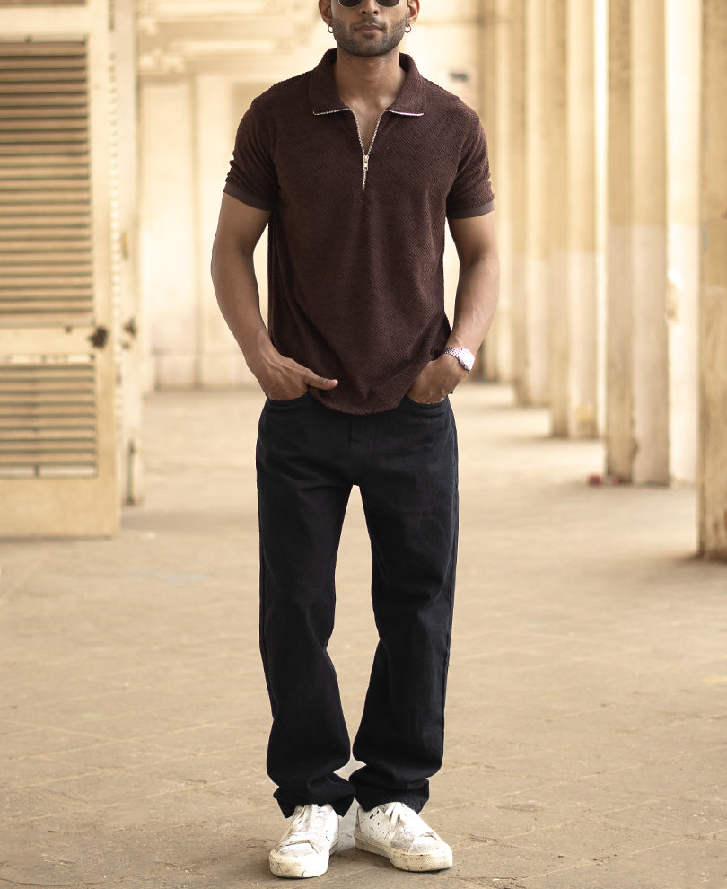 Brown Jacquard Regular Fit Half Sleeves T-Shirt