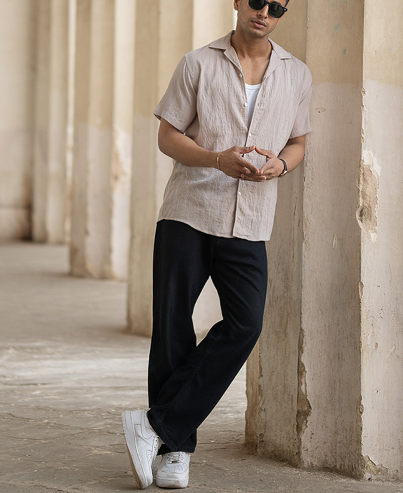 Lt Brown Micro Striped Flowy Shirt