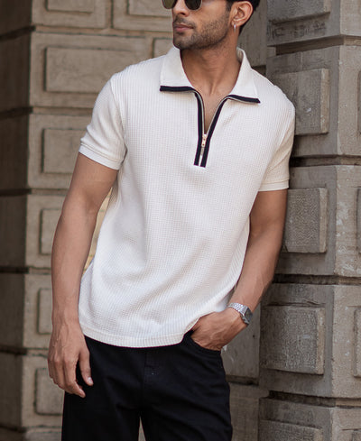 White Structured Zipper T-Shirt