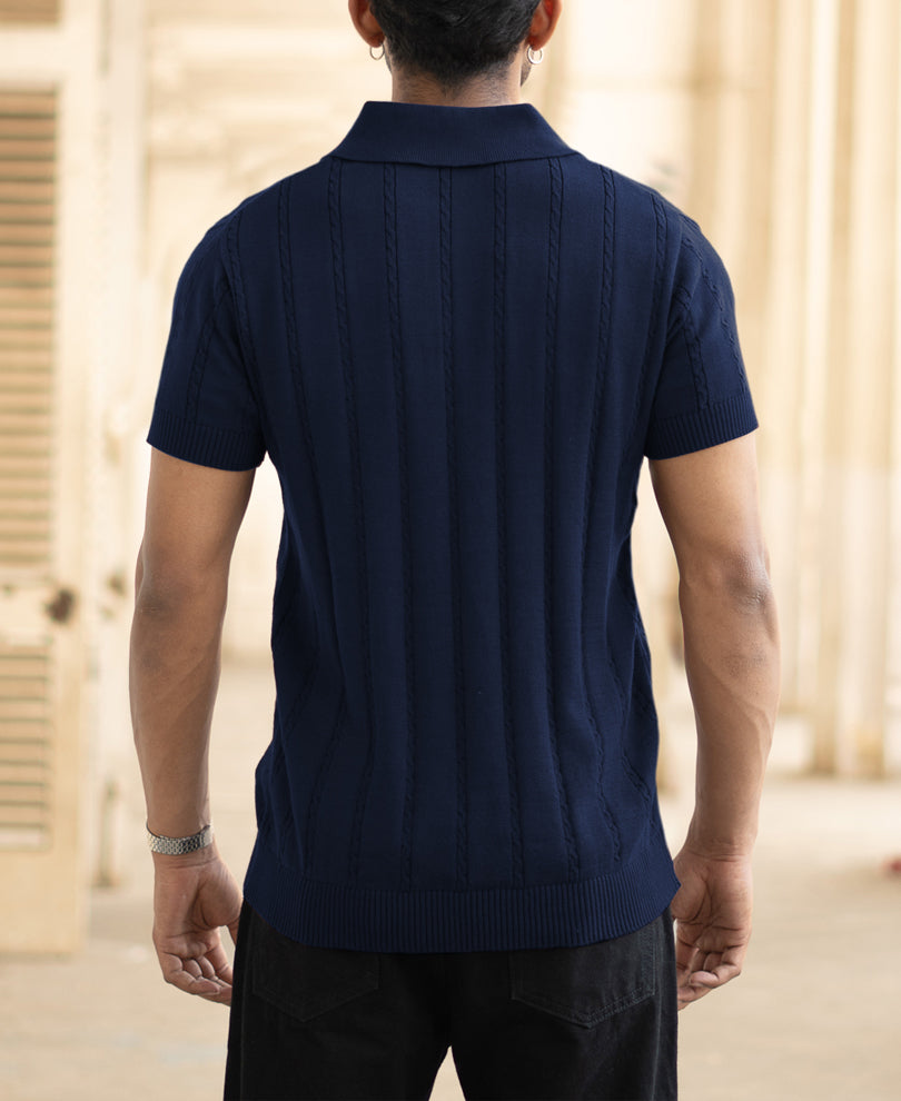 Navy Blue Knitted Polo T-Shirt