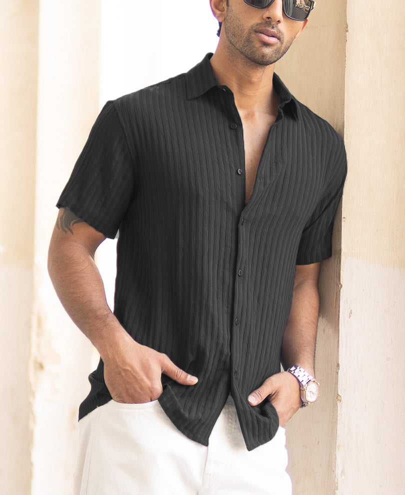 Black Stripe Regular Fit Half Sleeves Shirt.