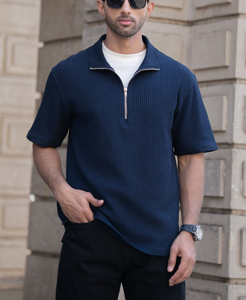 Navy Waffle Oversized Half Sleeves T-Shirt