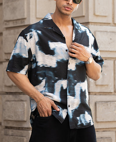 Black Abstract Cuban Printed Oversized Half Sleeves Shirt