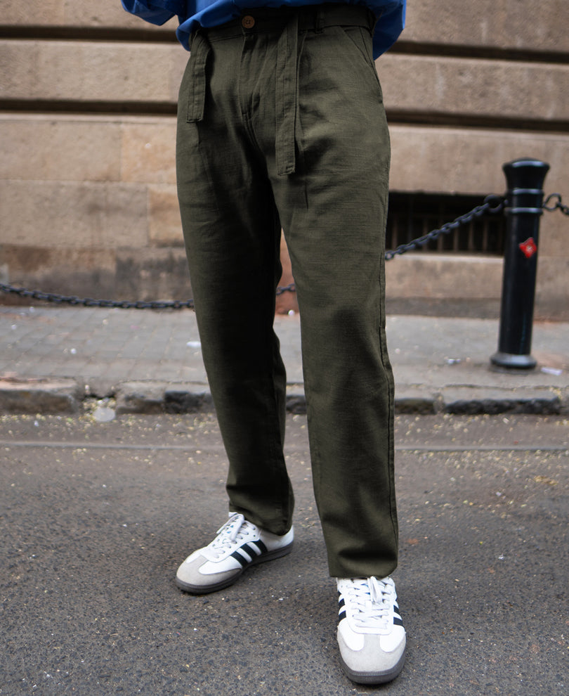 Olive Cotton Pant With Belt