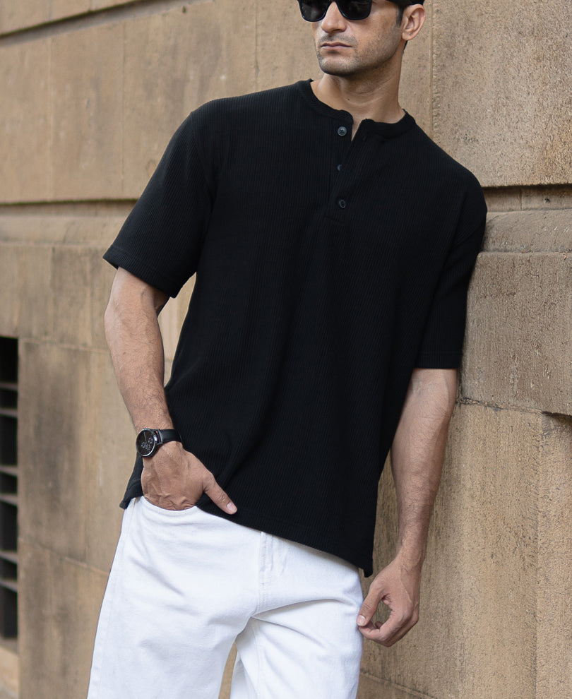 Black Knitted Henley T-Shirt