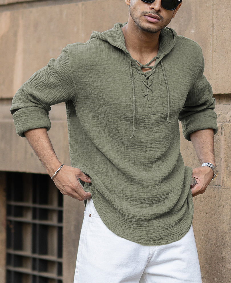 Sage Green Crinkled Hooded Shirt
