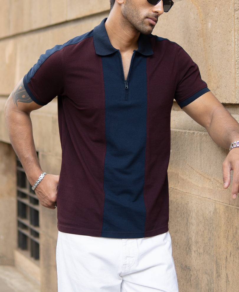 Wine And Navy Panel T-Shirt