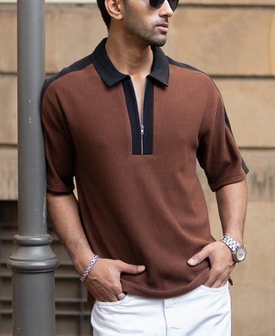 Brown And Black Colourblock T-Shirt