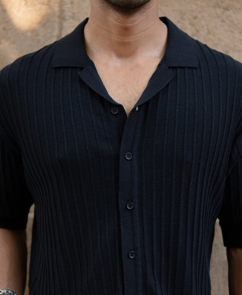 Black Rib Knit Cuban Shirt