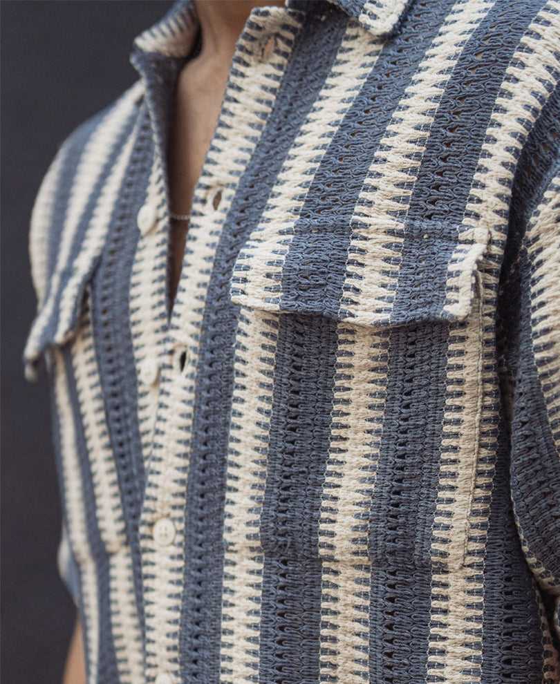 Sky Blue and White Crochet Striped Oversized Shirt