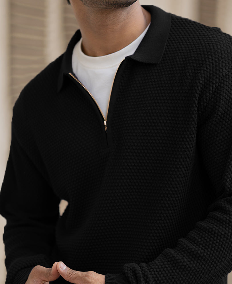 Black Regular Fit Full Sleeves Structured T-Shirt