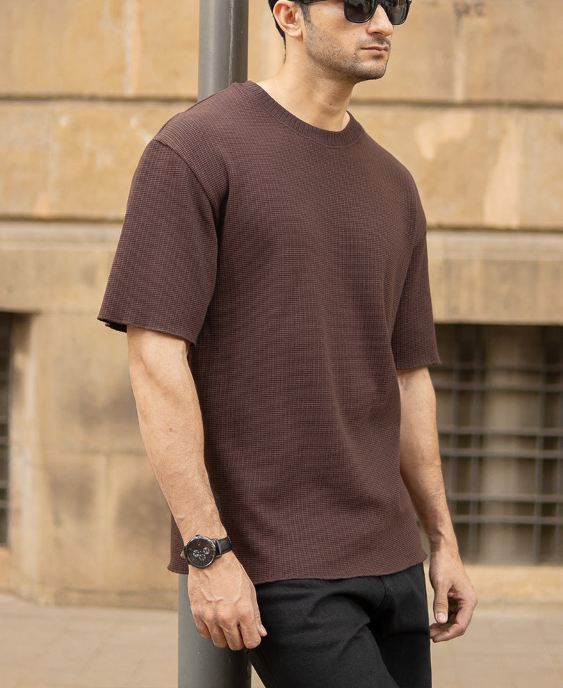 Dark Brown Structured Knit T-Shirt