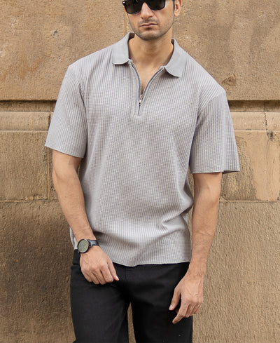 Grey Structured Zipper Polo T-Shirt