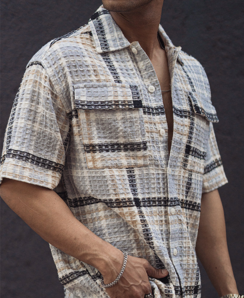 Multicolor Waffle Checked Oversized Half Sleeves Shirt
