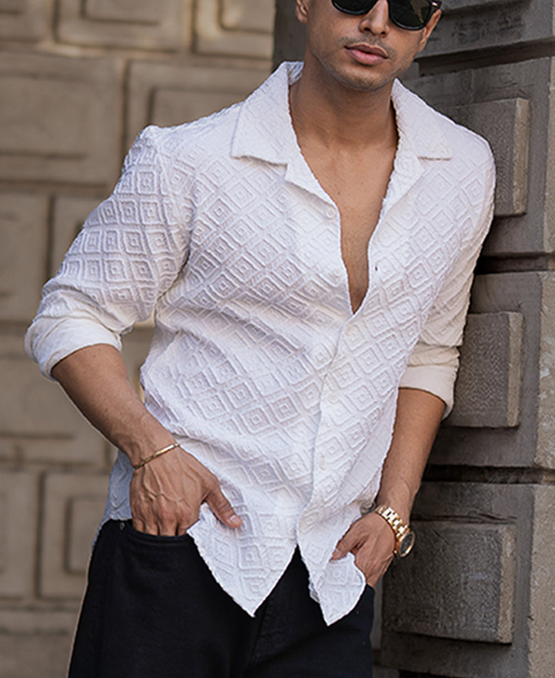 White Geometric Jacquard Shirt