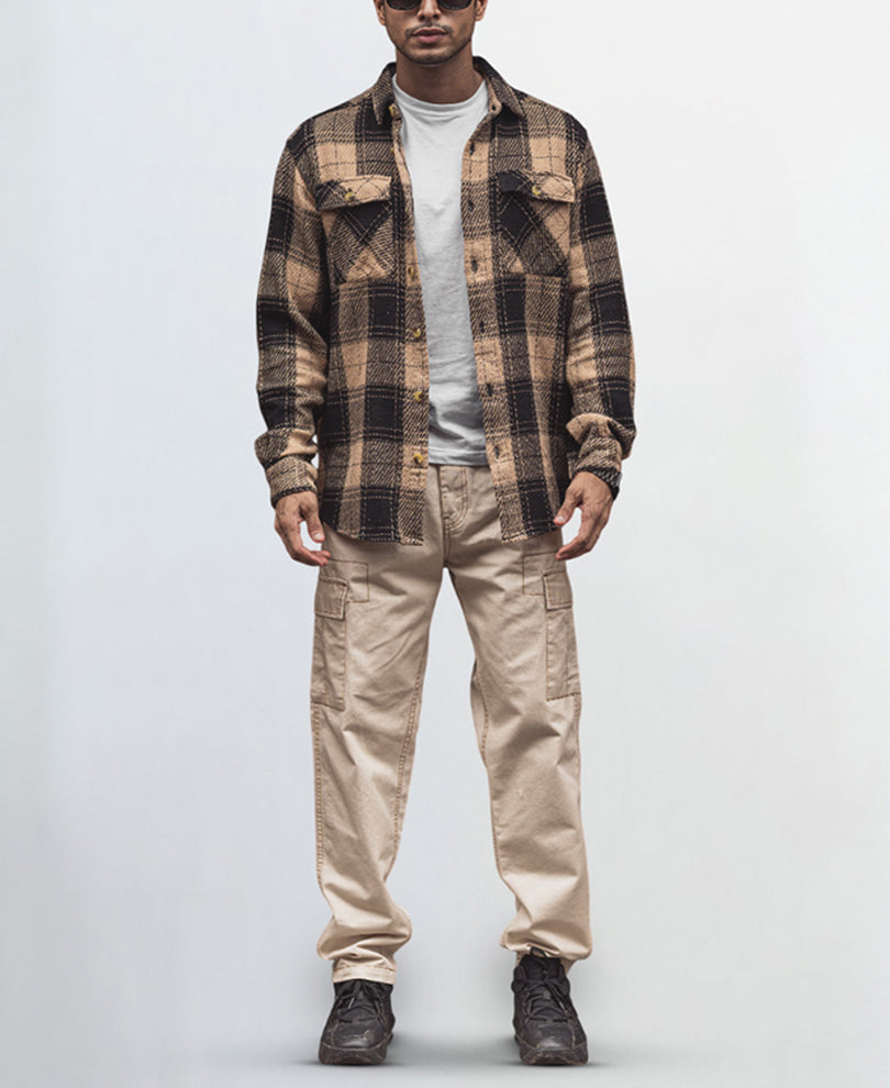 Beige & Black Checked Regular Fit Full Sleeve Overshirt