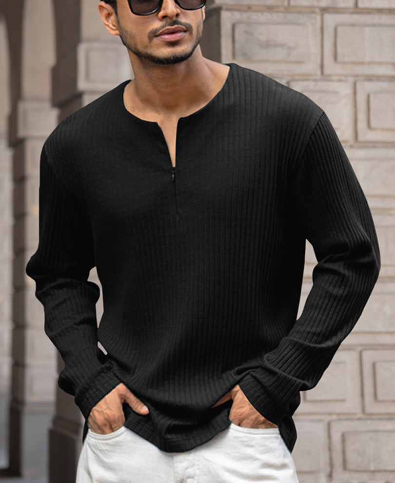 Black Regular Fit T-Shirt With Zip Style