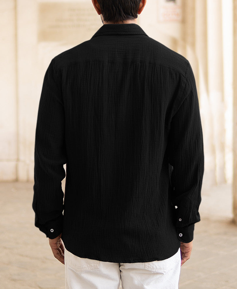 Black Regular Fit Structured Full Sleeves Shirt