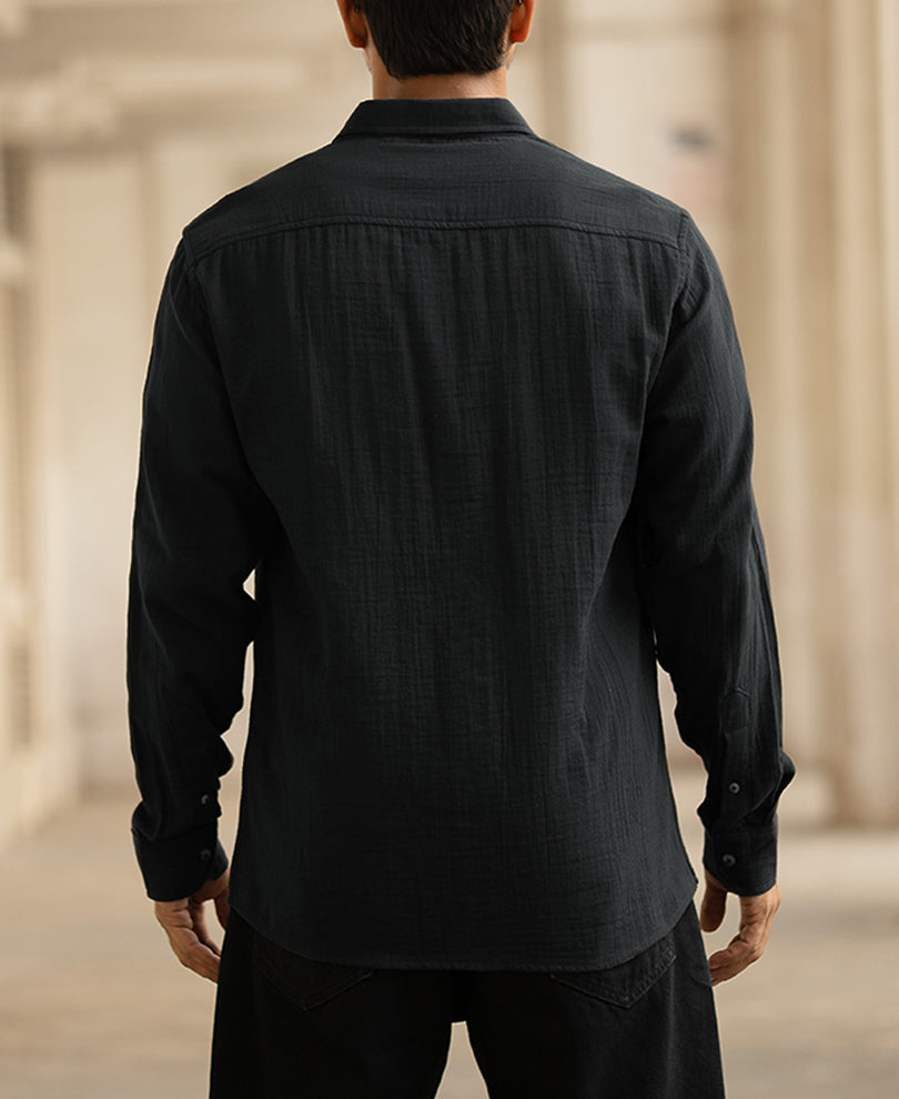 Black Double Pocket Regular Fit Full Sleeves Shirt