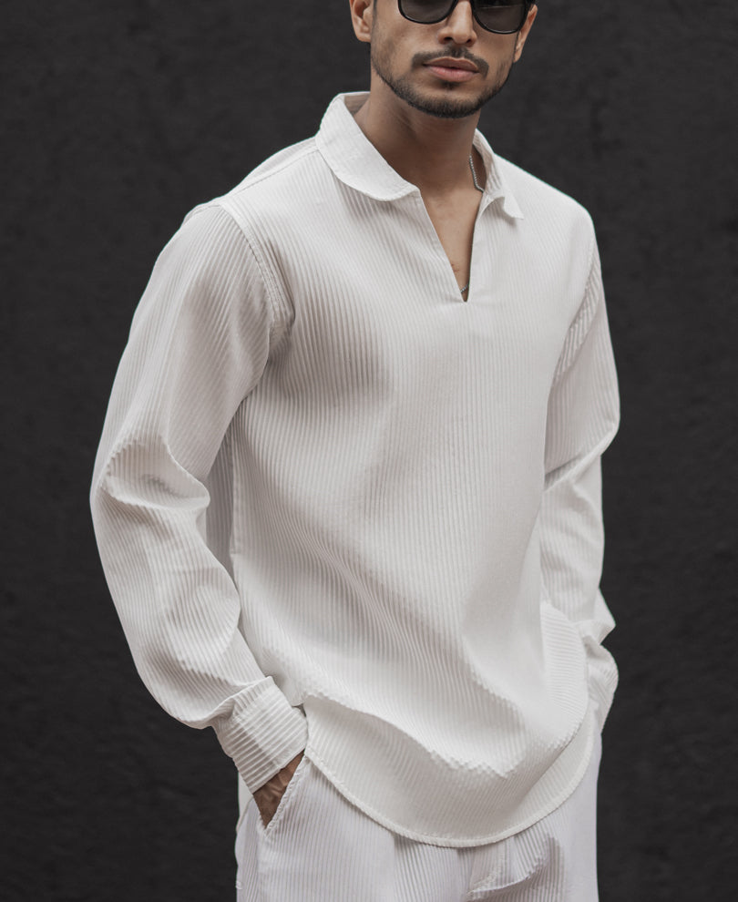 White Structured Regular Fit Full Sleeve Kurta Style Shirt