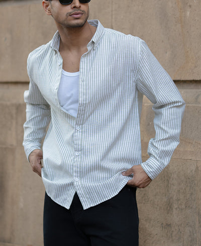 Green And White Stripes Regular Fit Full Sleeves Shirt