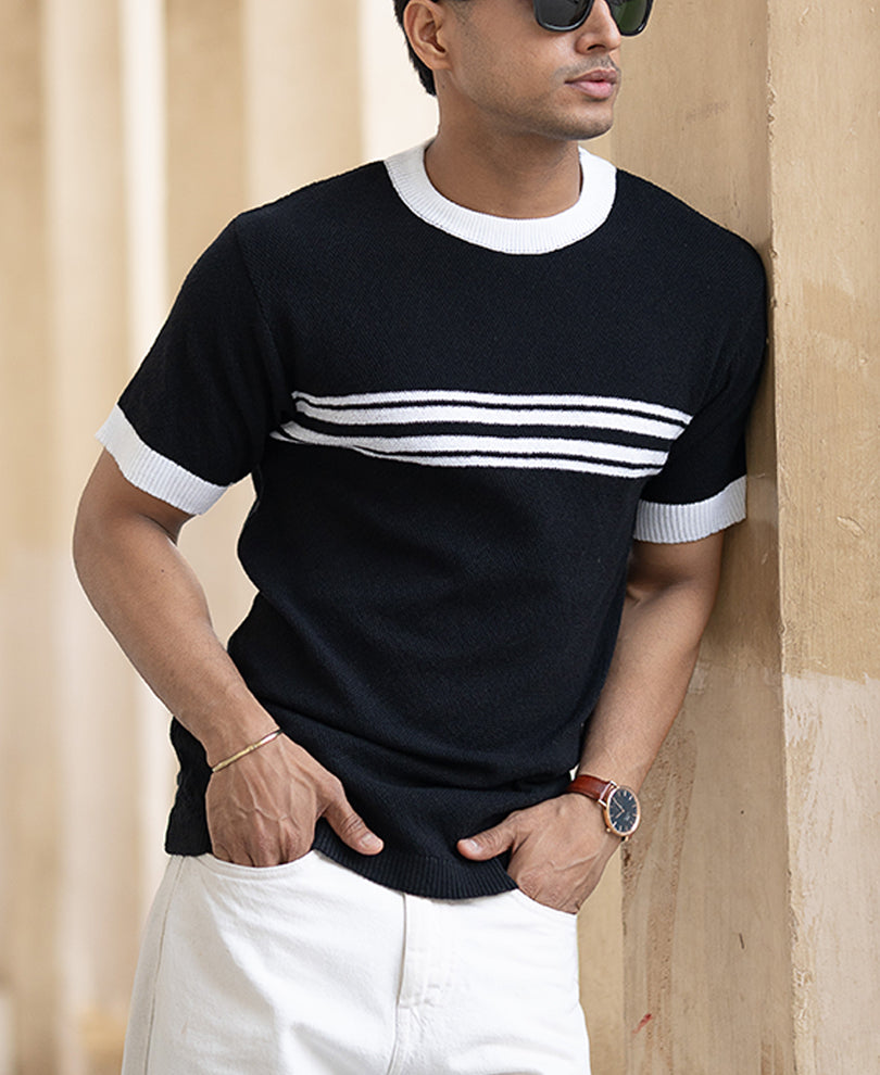 Black Striped Knit T-Shirt