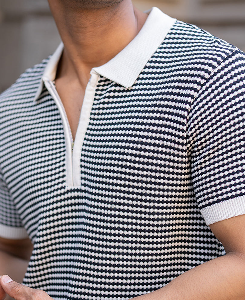 Black Knitted Stripe Polo T-Shirt