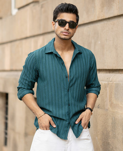 Green Regular Fit Structured Full Sleeves Shirt