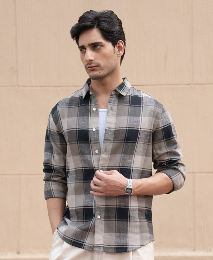 Olive & Black Structured Checks Shirt.