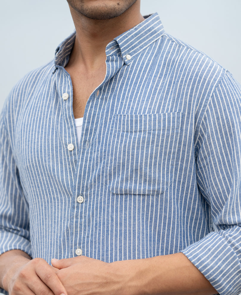 Blue Linen Blend Stripe Shirt