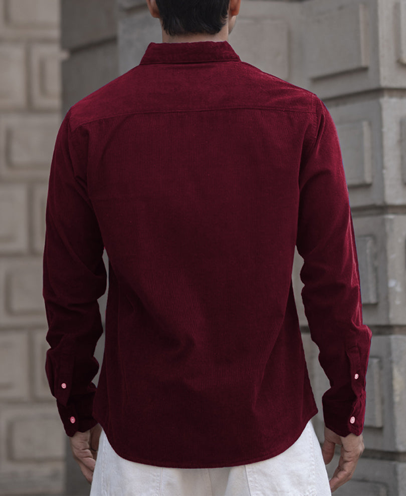 Wine Corduroy Regular Fit Full Sleeves Shirt