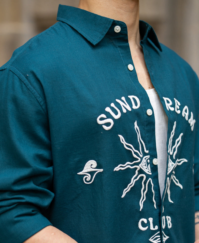 Teal Blue Embroidered Shirt 100% Cotton