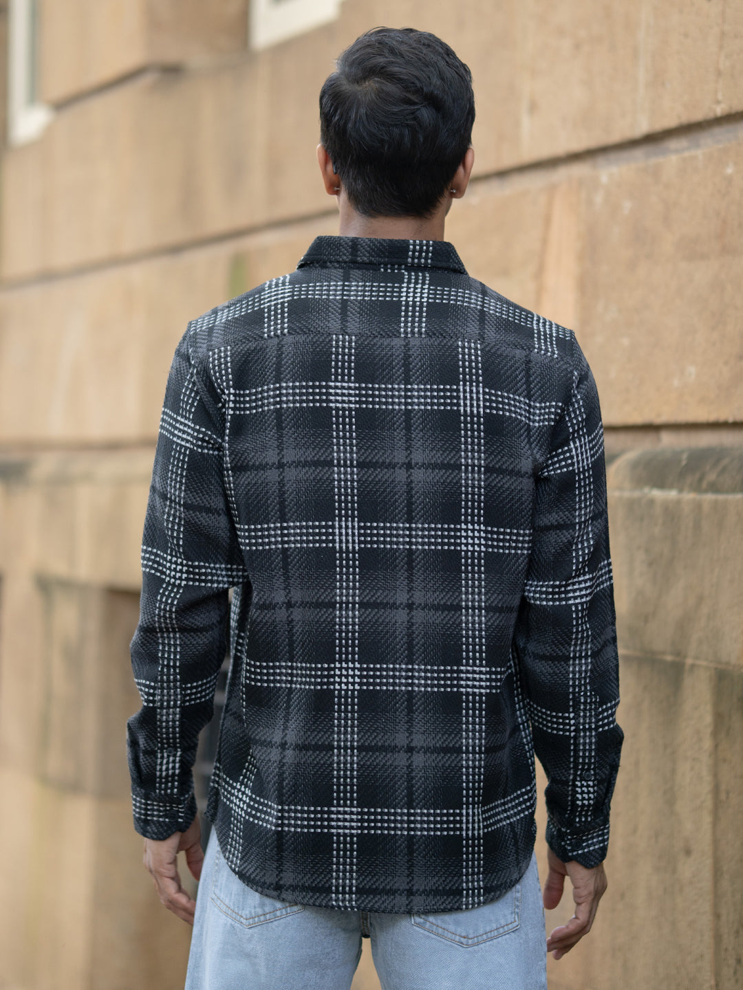 Black Structured Double Pockets Checked Shirt