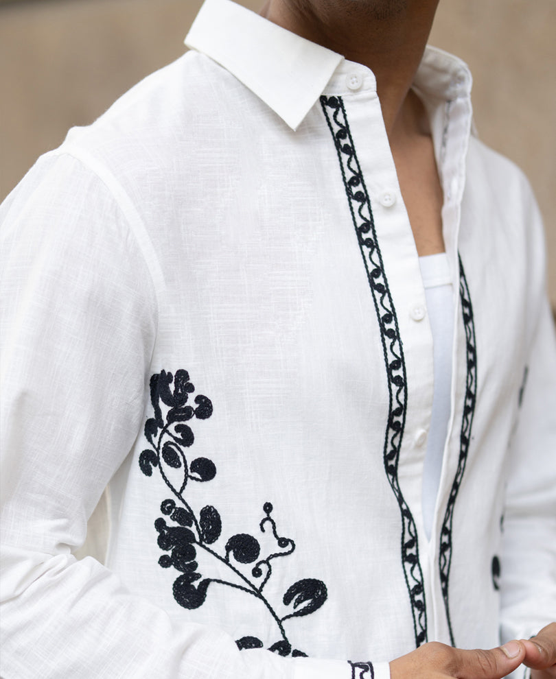 White Cotton Slub Embroidered Shirt