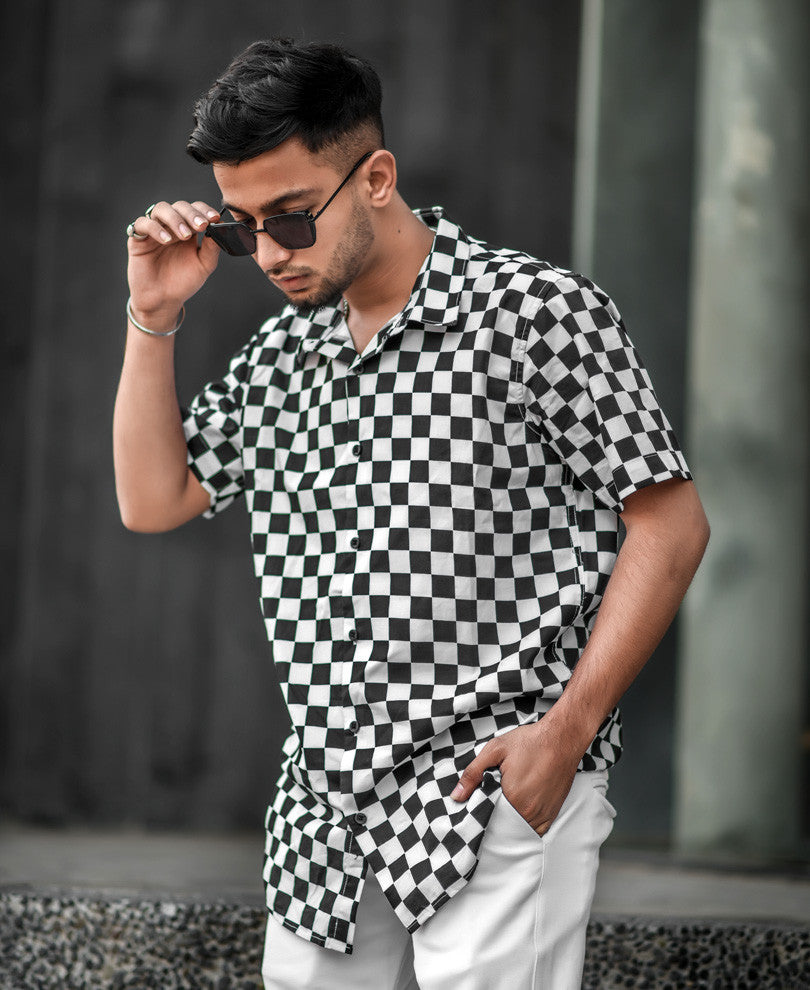 White and Black Check Print Half Sleeves Shirt