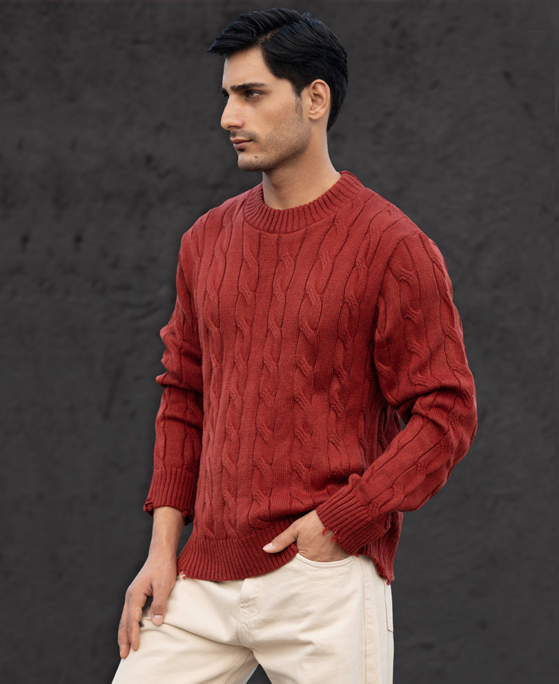 Ochre Distressed Cable Knit Sweater