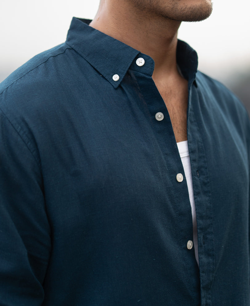 Dark Teal Linen Blend Shirt