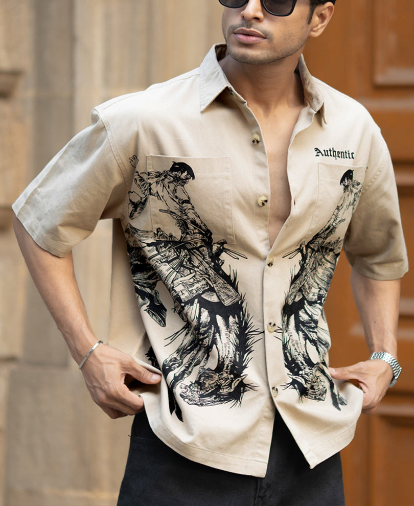 Beige Cowboy Print Boxy Shirt