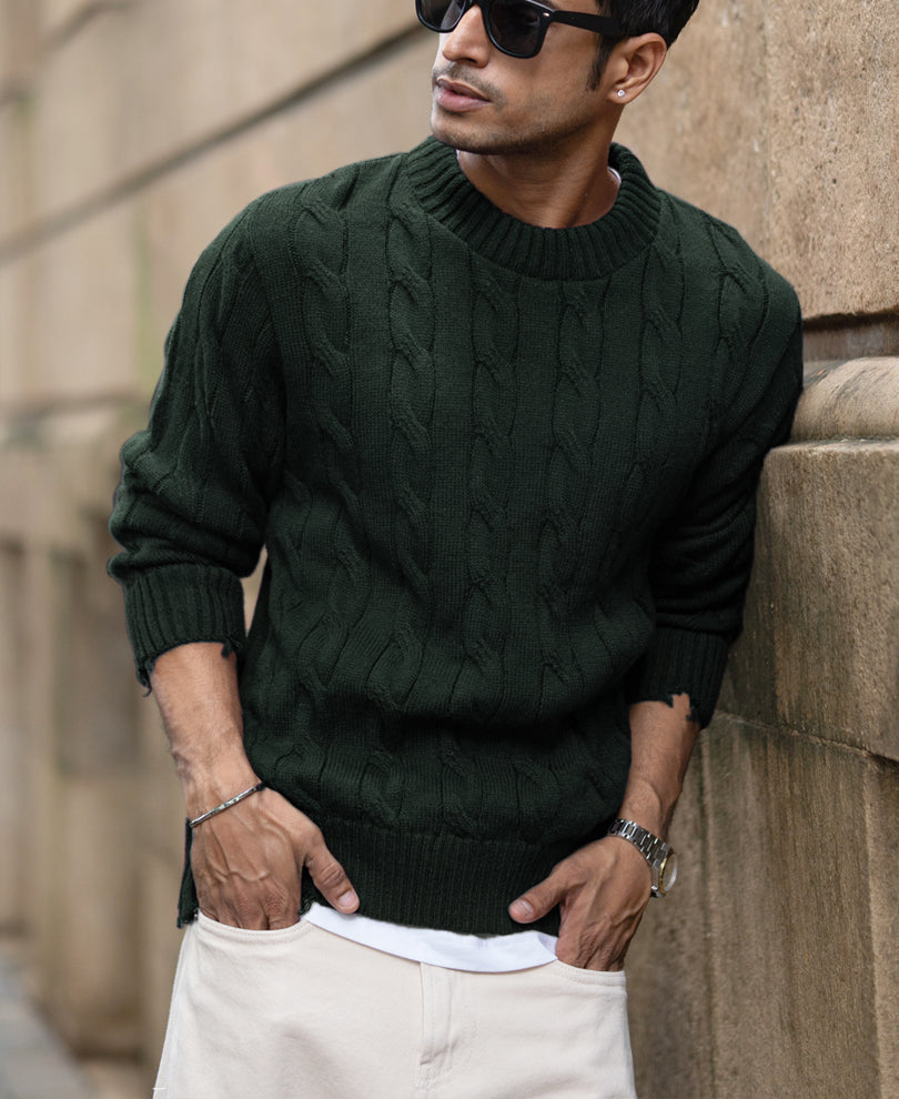 Pine Distressed Cable Knit Sweater